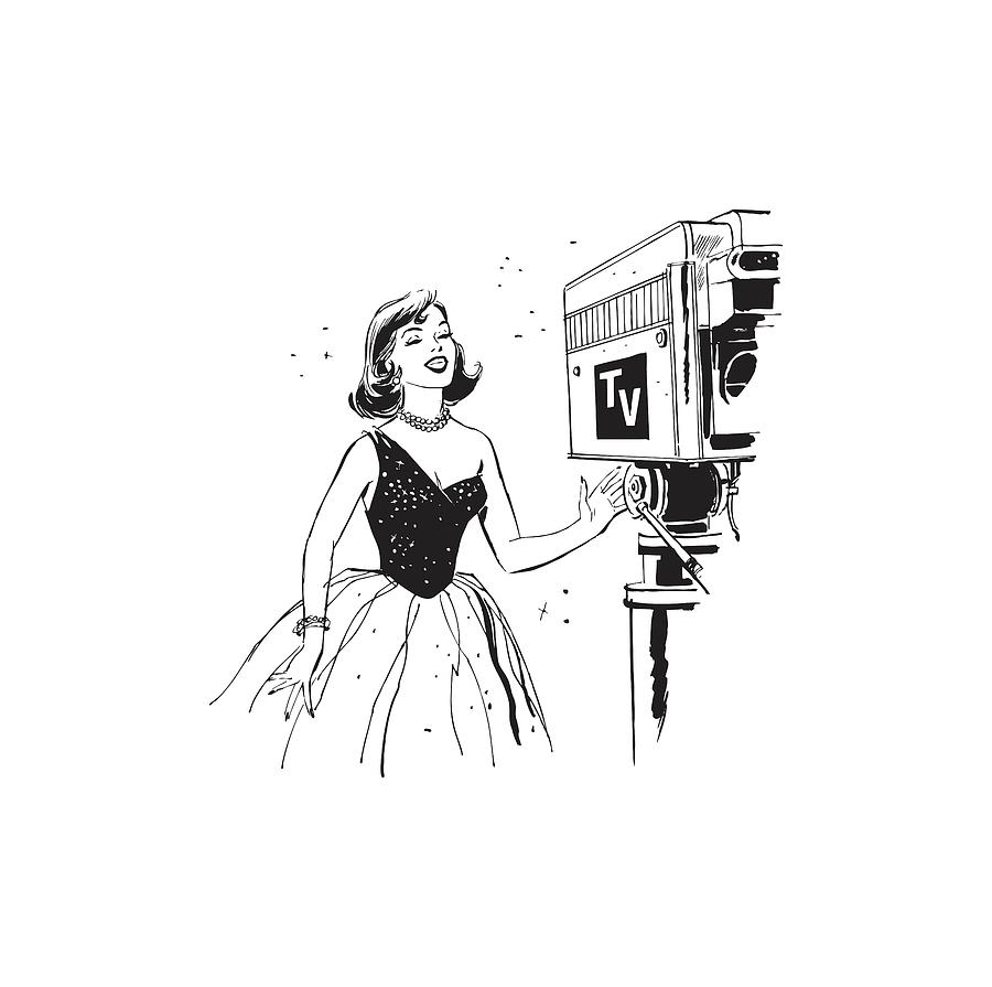 Black And White Drawing - Dressed Up Woman Operating TV Camera by CSA Images