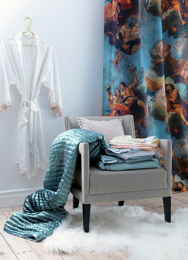 Dressing Corner In White Room With Blue Blanket And Bed Linen On Chair Photograph by Anderson Karl