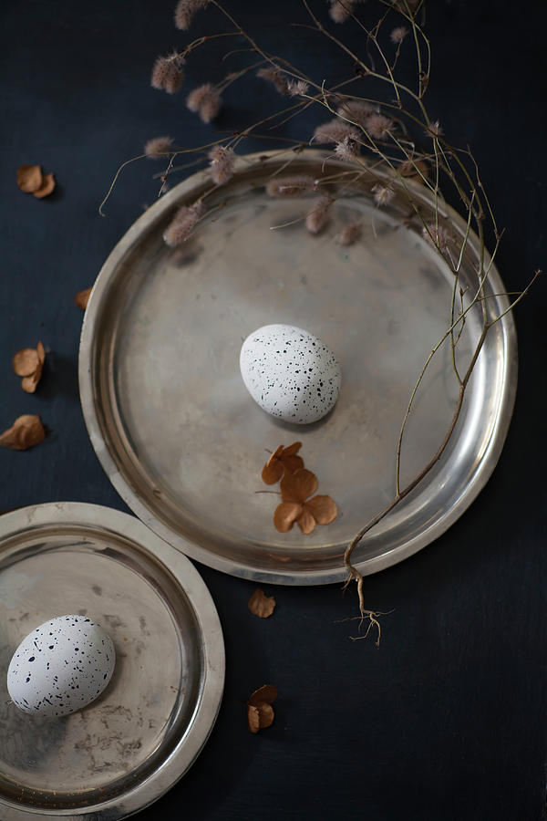Dried Flowers Around Speckled Eggs On Two Pewter Plates Photograph by Alicja Koll