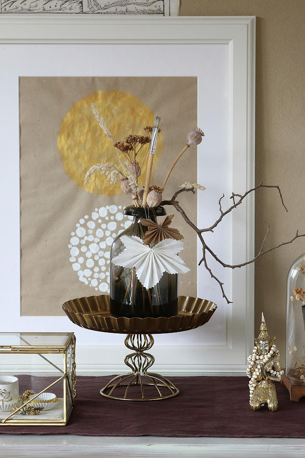 Dried Flowers In Vase, Poppy Seed Heads And Origami Leaves Photograph by Regina Hippel