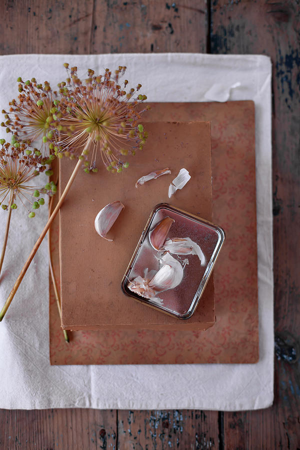 Dried Garlic Flowers On Cardboard Box And Garlic Cloves In Tin Photograph by Alicja Koll