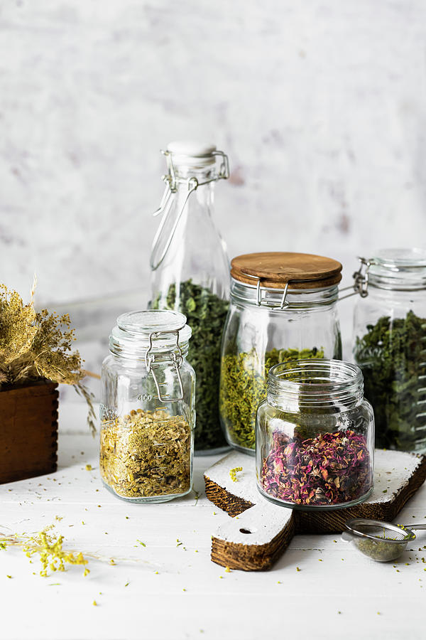 Dried Herbs - Nettle, Camomile, Rose, Mint, Goldenrod Photograph by Monika Grabkowska