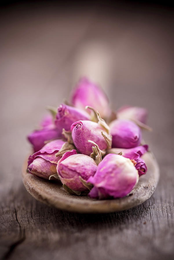 Dried Rose Buds On Wooden Spoon close-up Photograph by Nitin Kapoor