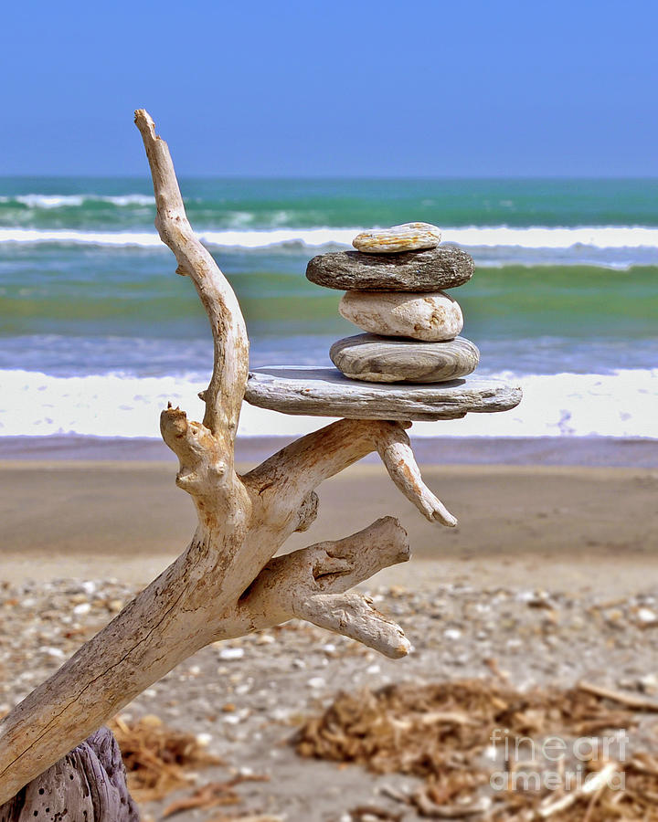 Pebbles Photograph - Drift wood and balanced pebbles on a beach by Delphimages Photo Creations
