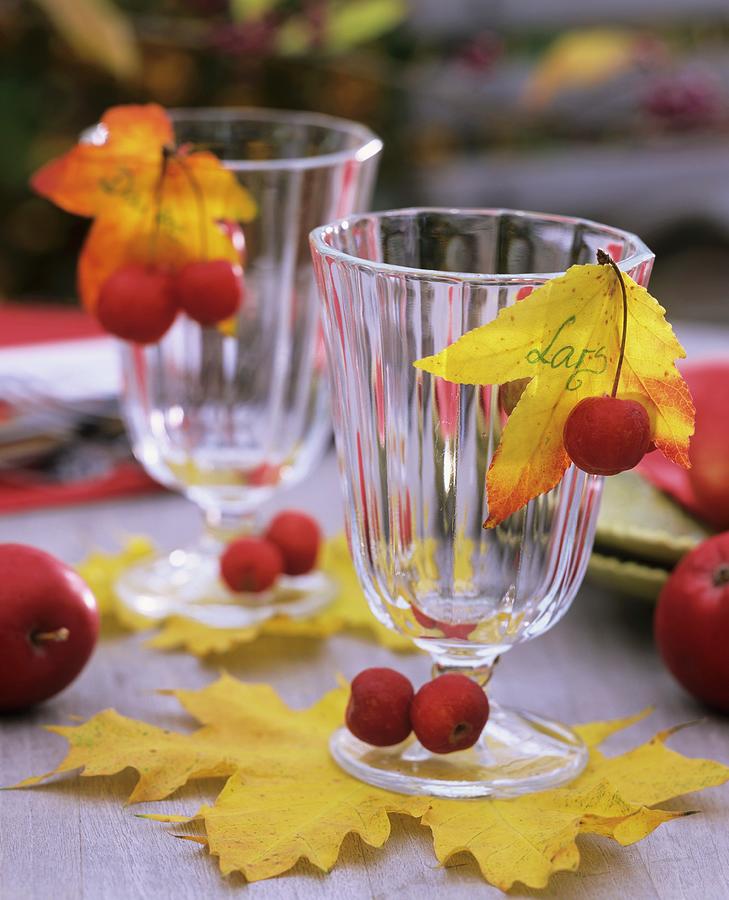 Drinking Glasses Decorated With Ornamental And Edible Apples Photograph by Friedrich Strauss