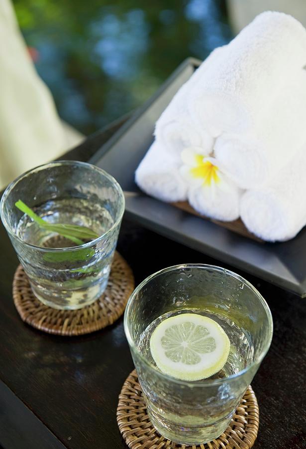 Drinks And Towels At The Hotel And Ayurveda Spa Shanti Maurice mauritius Photograph by Anthony Lanneretonne