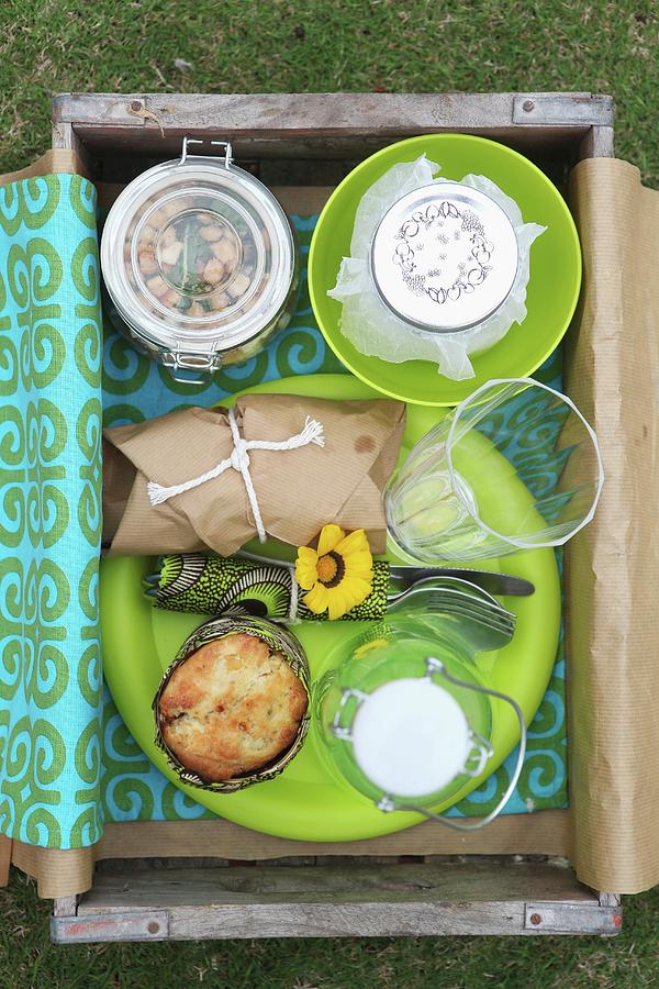 Drinks & Food For Picnic In Wooden Crate Photograph by Great Stock!