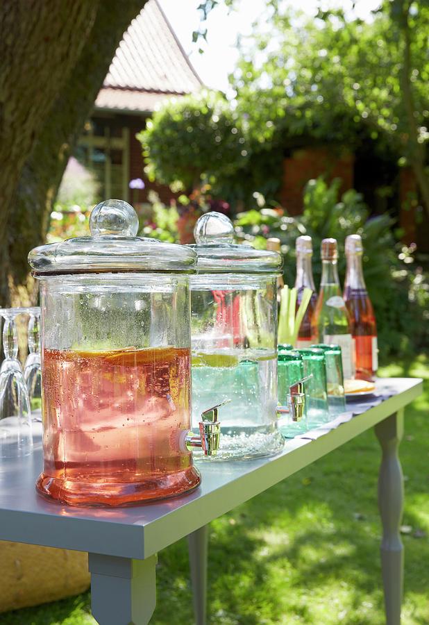 Drinks For A Garden Party In Bottle And Glass Jars Photograph by Jalag / Olaf Szczepaniak