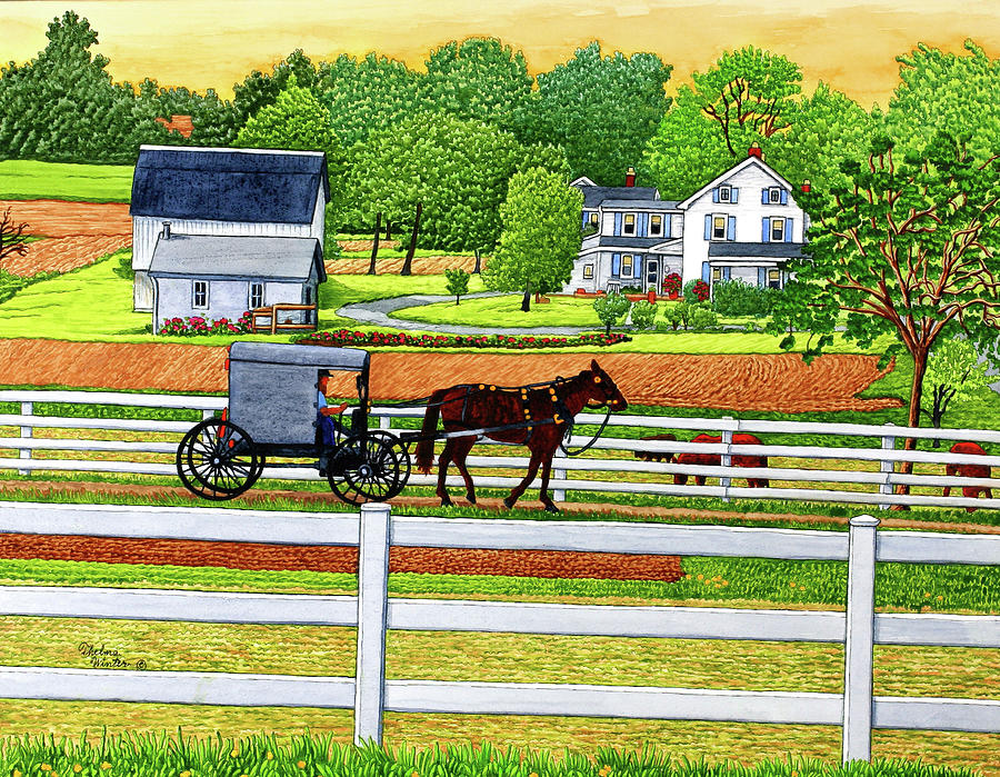 Amish Country Painting - Drive In The Buggy, Lancaster, Pa by Thelma Winter