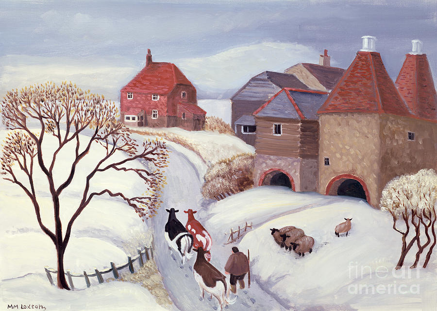 Driving Cows Home In The Snow Painting by Margaret Loxton