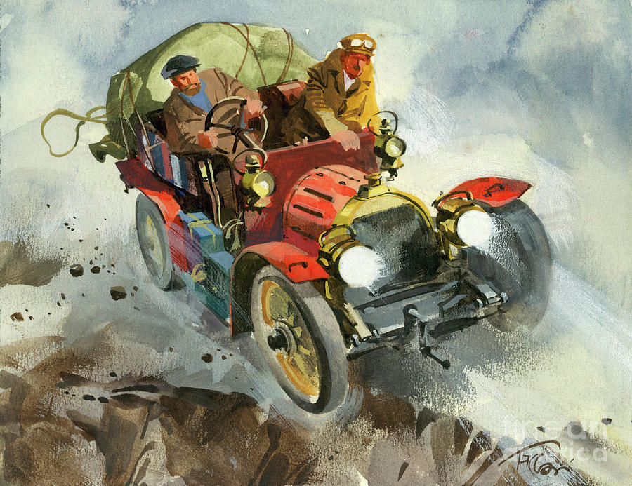 Driving during a Ten thousand mile motor race Painting by Ferdinando Tacconi