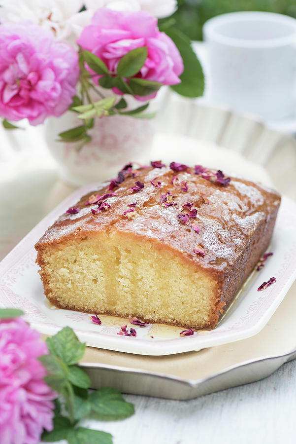 Drizzle Cake With Rose Water And Roses, Sliced Photograph by Winfried Heinze