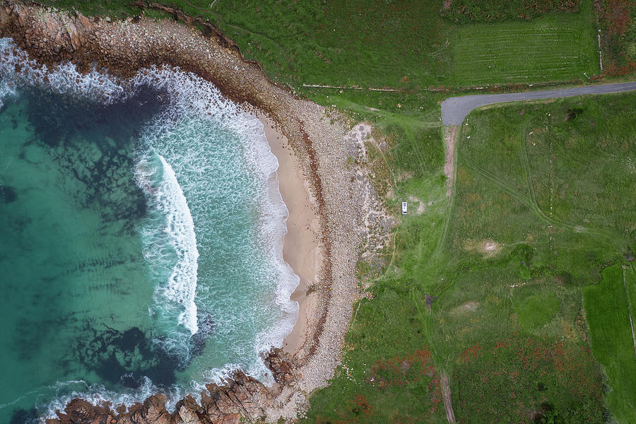 Drone Top View Of A Camper Van On A Wild Beach With Green Landscape ...