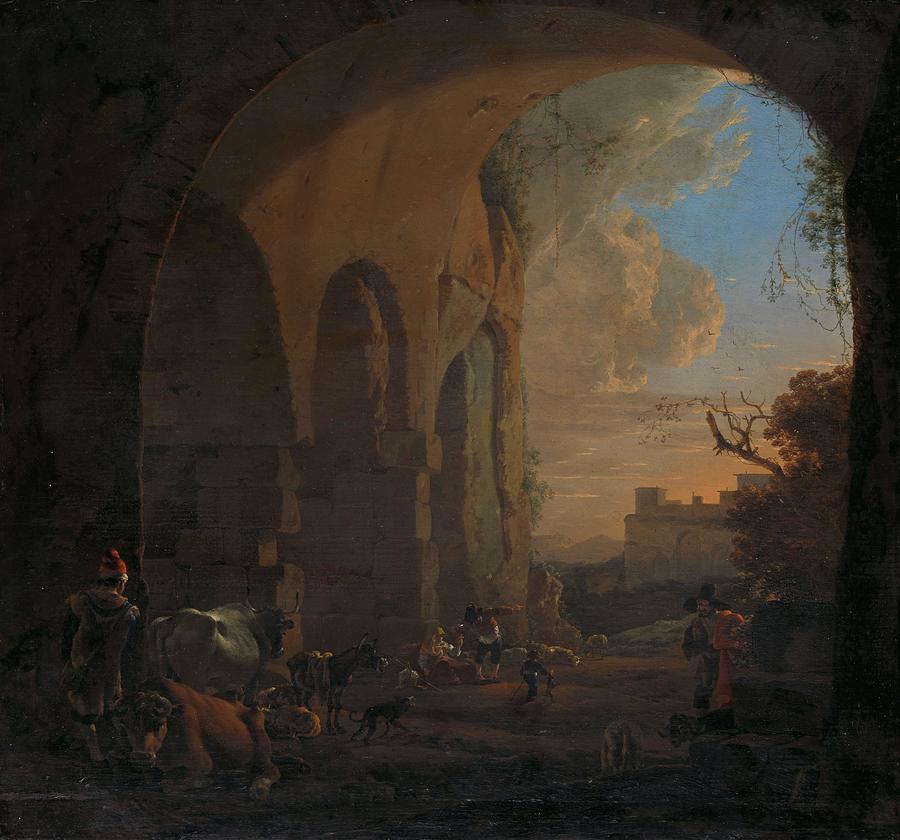 Drovers with Cattle under an Arch of the Colosseum in Rome. Painting by Jan Asselijn