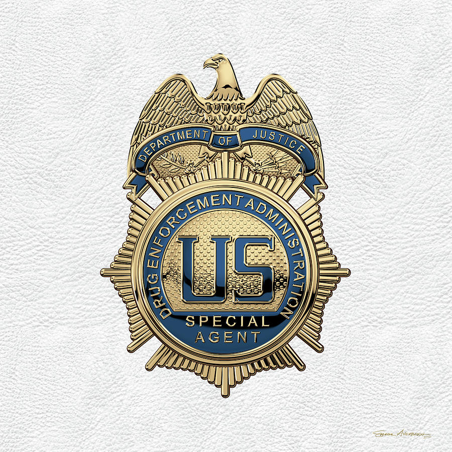 Drug Enforcement Administration -  D E A  Special Agent Badge over White Leather Digital Art by Serge Averbukh