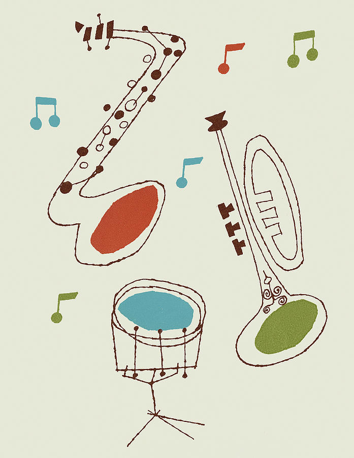Jazz Drawing - Drum, Saxophone and Trumpet by CSA Images