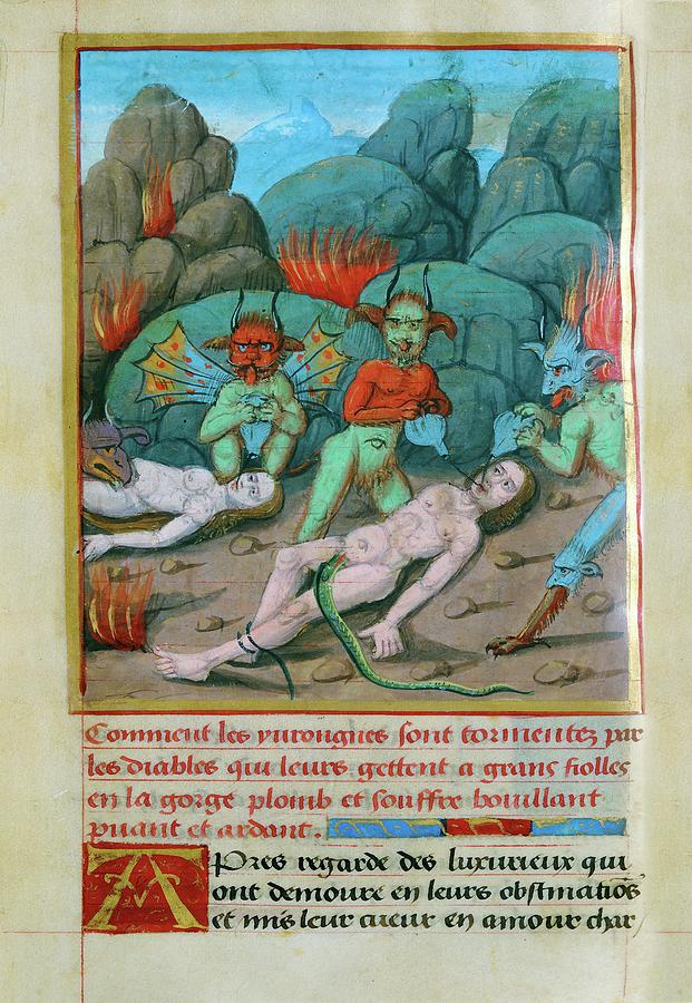 Gerson Drawing - Drunkards in hell, tortured by devils who pour boiling lead and sulphur down their throats. by Gerson Jean Ms