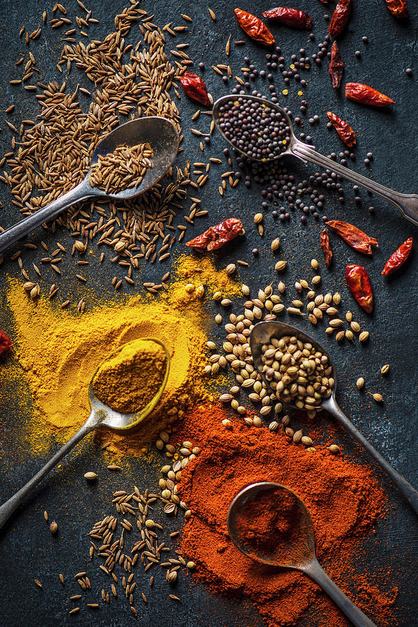 Dry Indian Spices, Cumin, Chilli, Coriander, Mustard Seeds On A Black Board Photograph by Magdalena Hendey