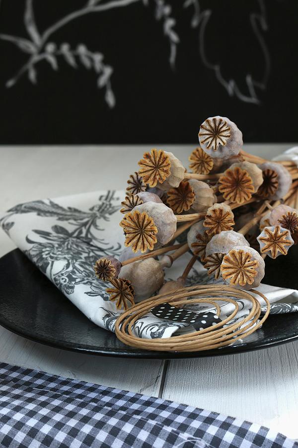 Dry Poppy Seed Heads On Black Plate Photograph by Regina Hippel