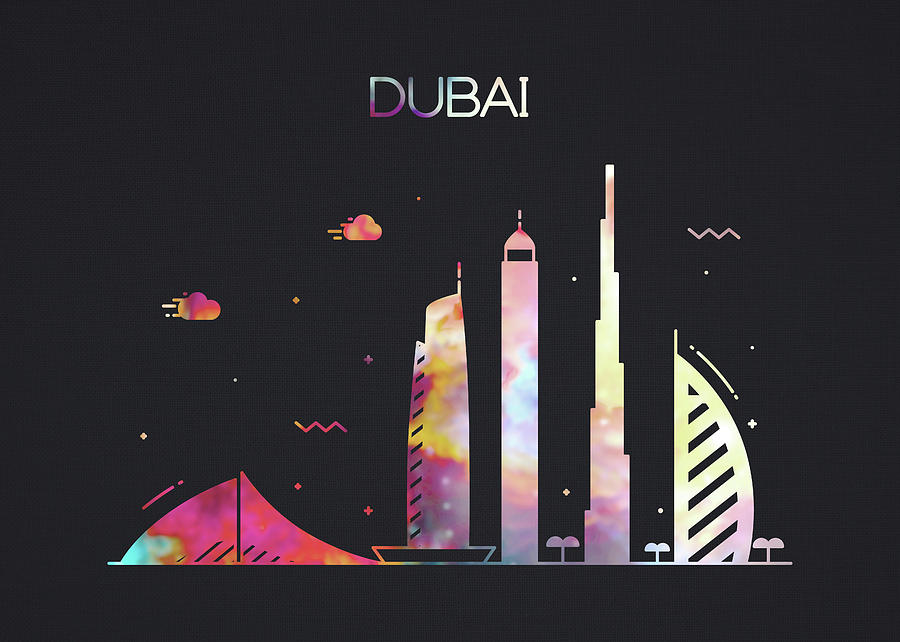 Dubai City Skyline Whimsical Fun Wide Dark Mixed Media by Design ...