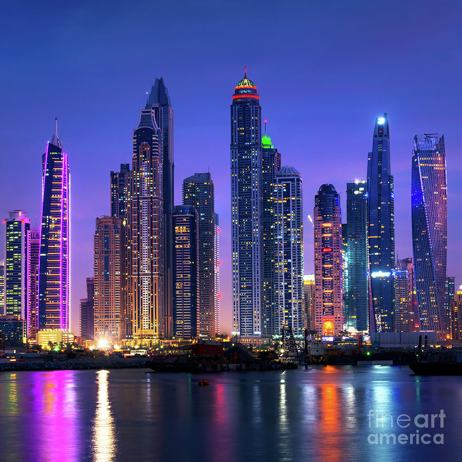 Dubai marina skyline at night Photograph by Delphimages Photo Creations