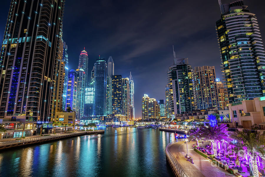 Skyscraper Photograph - Dubai marina walk at night by Delphimages Photo Creations