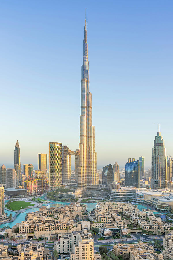 Dubai Skyline In Golden Light With Burj Khalifa At Sunrise Photograph ...