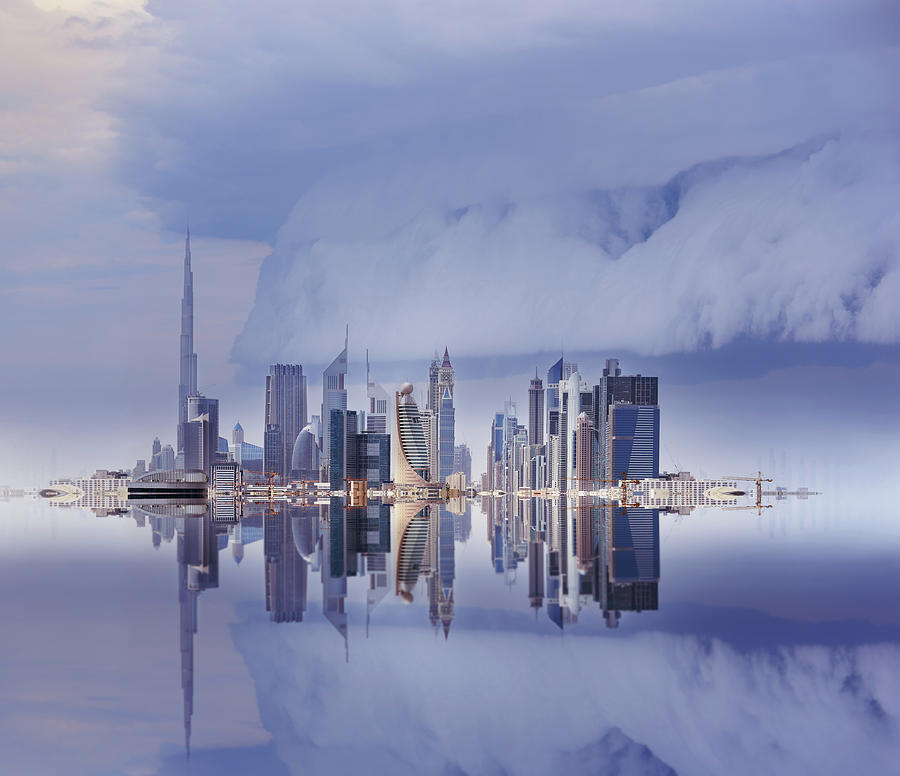 Dubai Skyline Reflected, Stormy Sky Photograph by Olaser