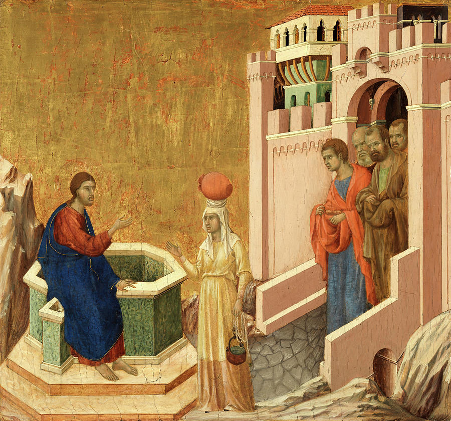 Duccio di Buoninsegna -Active 1278?Siena, prior to 3 August 1319-. Christ and the Samaritan Woman... Painting by Duccio di Buoninsegna -c 1260-c 1318-