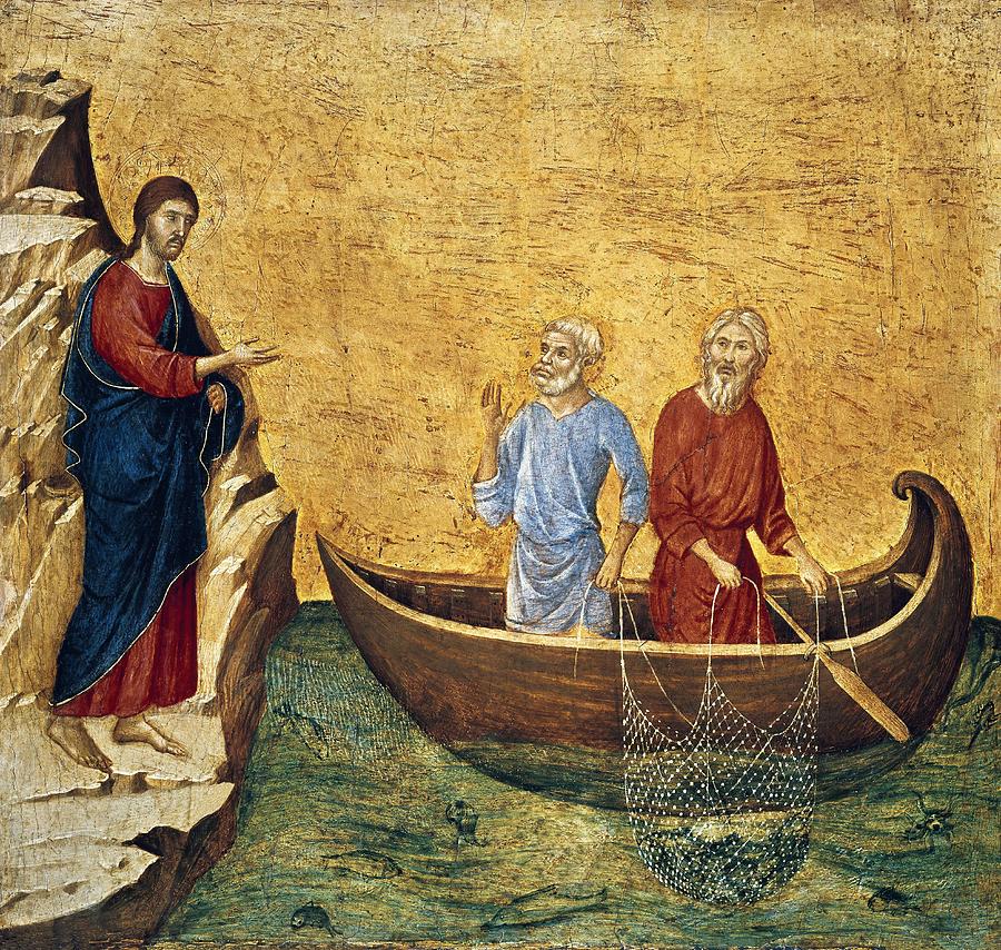 Duccio Di Buoninsegna Painting - DUCCIO DI BUONINSEGNA The Calling of the Apostles Peter and Andrew, 1308-1311. JESUS. Saint Andrew. by Duccio Di Buoninsegna
