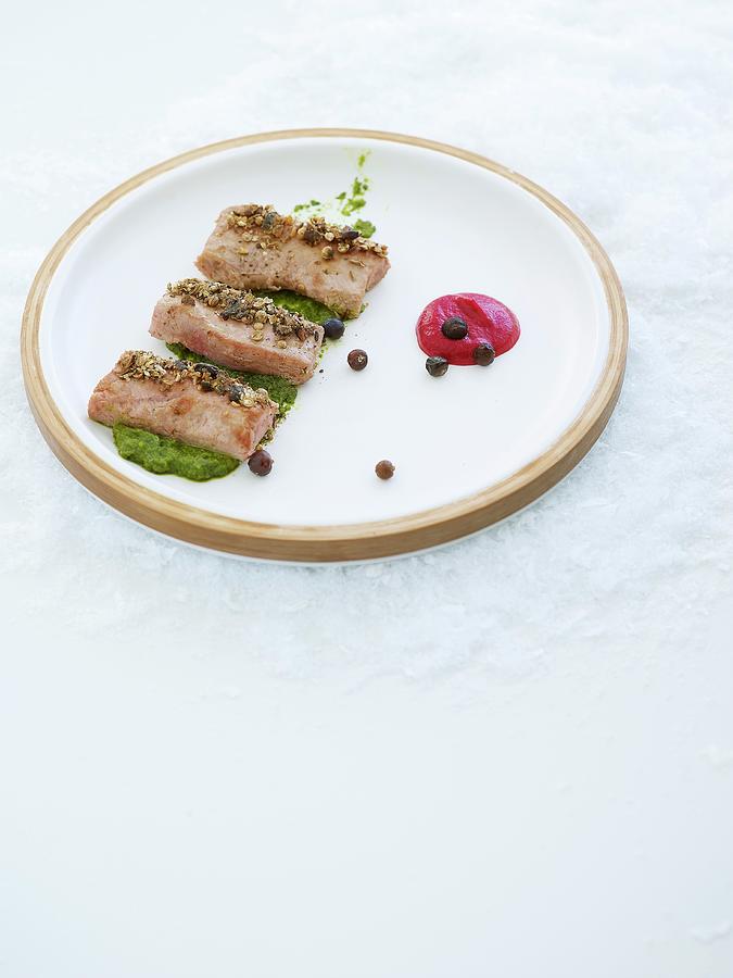 Duck Breast On Tarragon Sauce With Crunchy Crumb And A Blob Of Beetroot Sauce Photograph by Atelier Mai 98