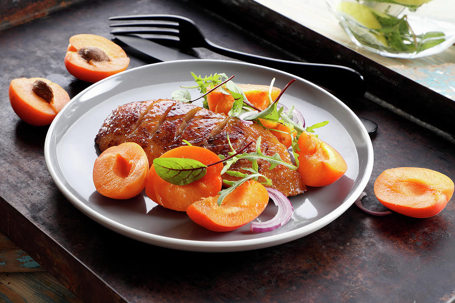 Duck Breast Roasted In Honey Marinade With Apricots Photograph by
