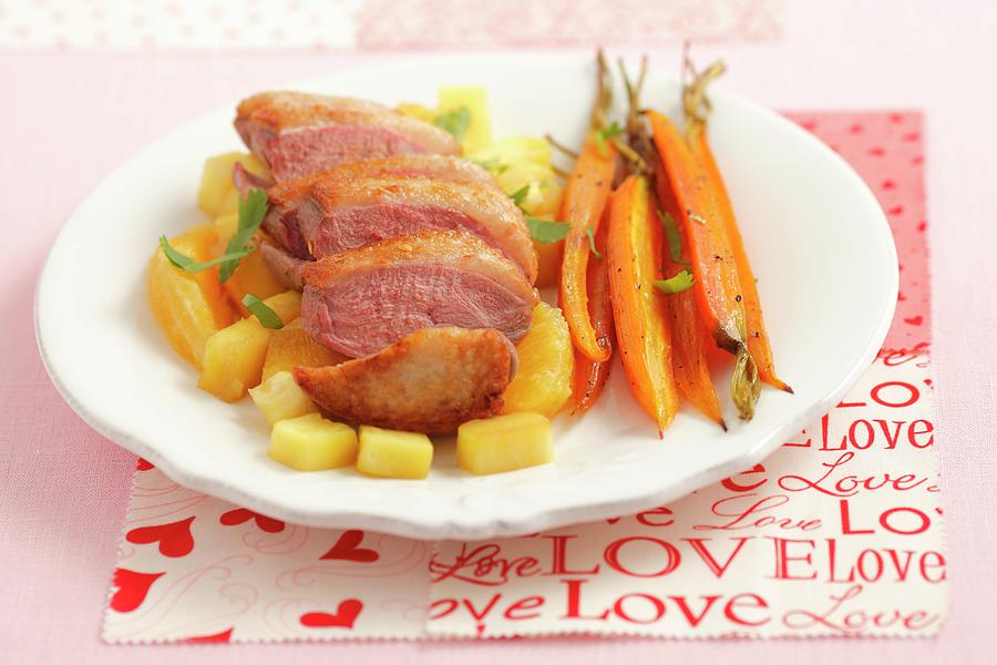 Duck Breast With Pineapple, Oranges And Baby Carrots Photograph by Castilho, Rua
