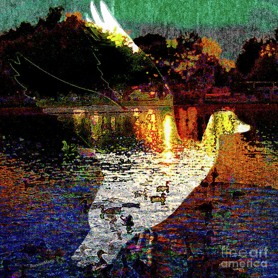 Duckpond at Dusk.flight over lake Painting by Bonnie Marie