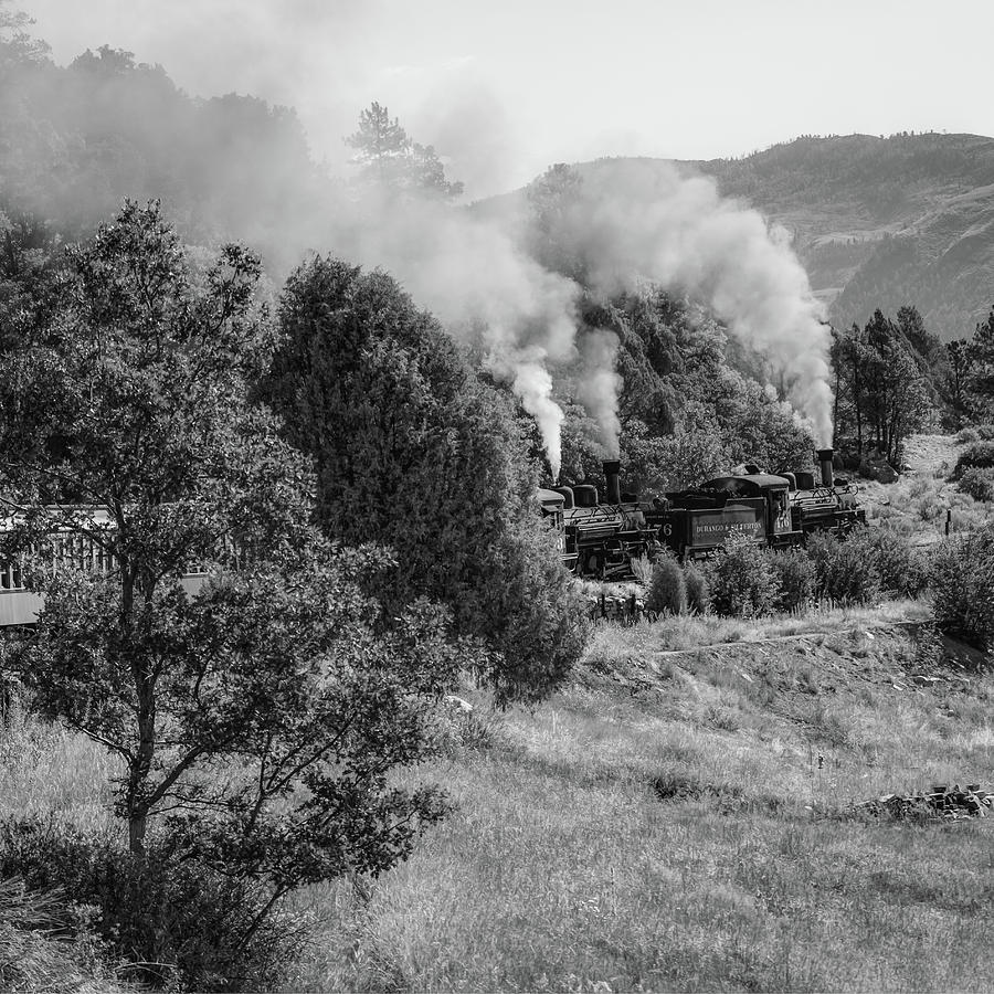 Black And White Photograph - Durango Railroad - Square Colorado Mountain Landscape by Gregory Ballos