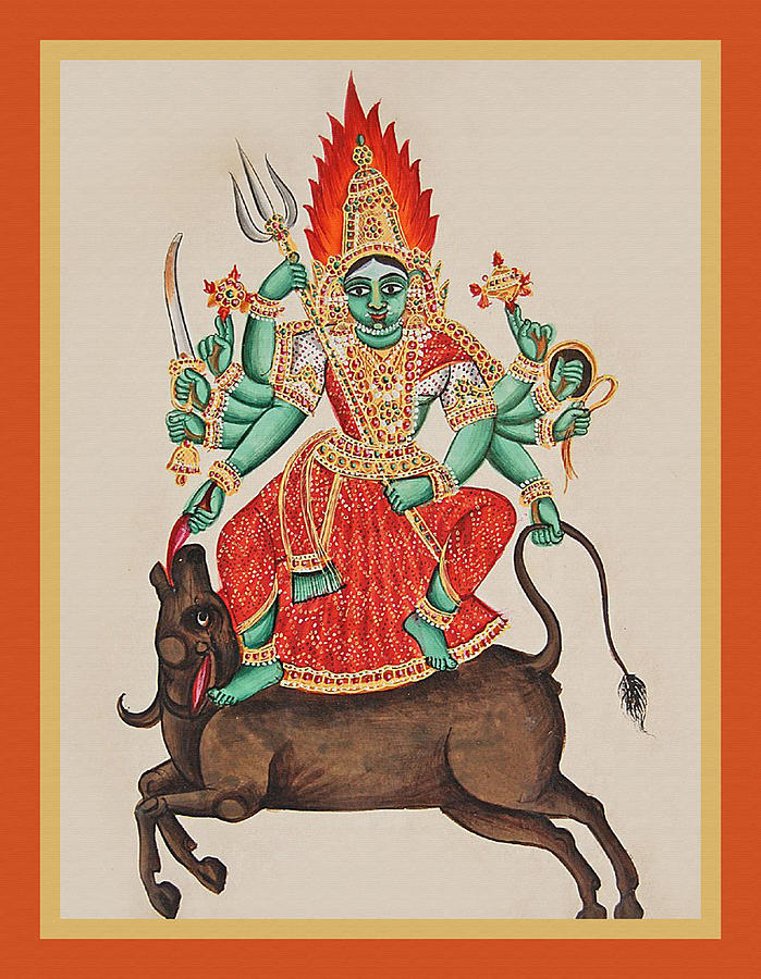 Durg? standing in pratyalidha on the back of the galloping Mahi?? Painting by Unknown