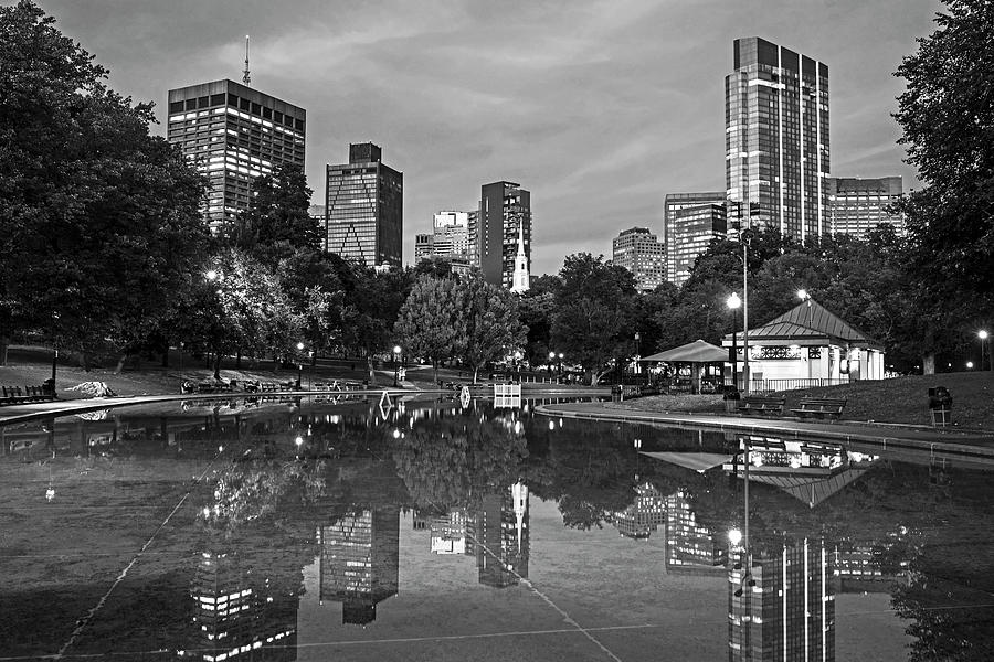 Dusk at the Boston Common Frog Pond Skyline Reflection Black and White Photograph by Toby McGuire