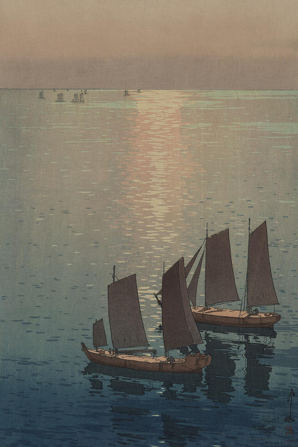 Japan Painting - Dusk blankets a still lake over Sailboats by Unknown