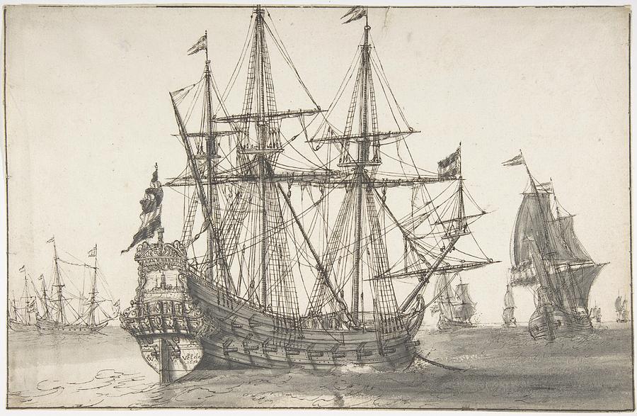 Dutch Men Of War At Anchor Drawing by Willem Van De Velde The Elder ...