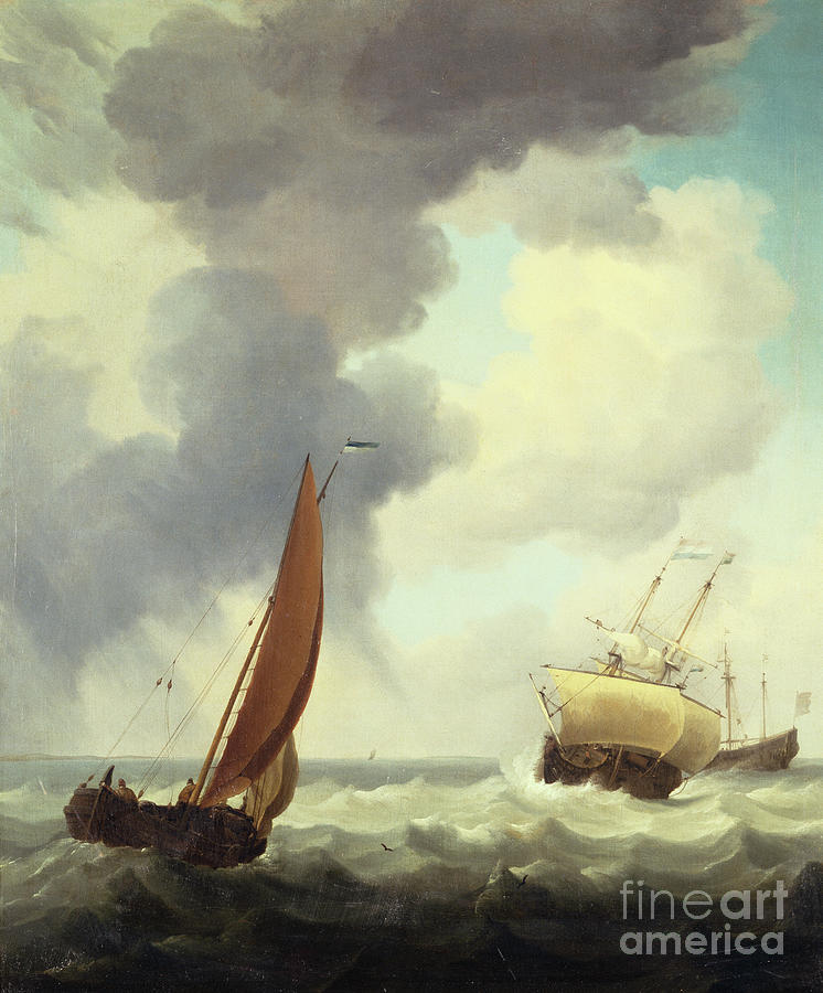 Flag Painting - Dutch Merchant Ships And A Coastal Trader In Choppy Seas by Charles Brooking
