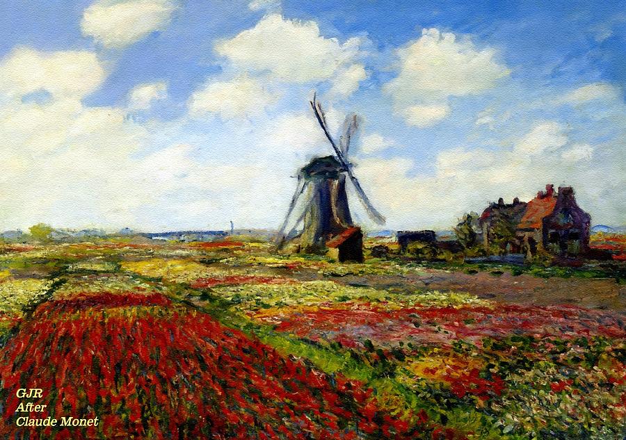 Dutch Windmill And Tulip Field - After The Style, Manner And Painting By Claude Monet L A S Digital Art