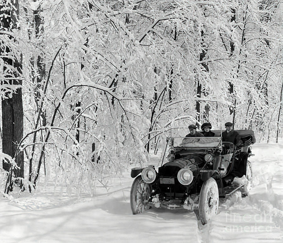 Early Brass Touring Car With Passengers On Snowy Road Photograph by Retrographs