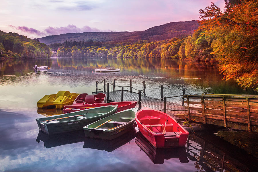 Boat Photograph - Early Fall at the Lake in Pitlochry by Debra and Dave Vanderlaan