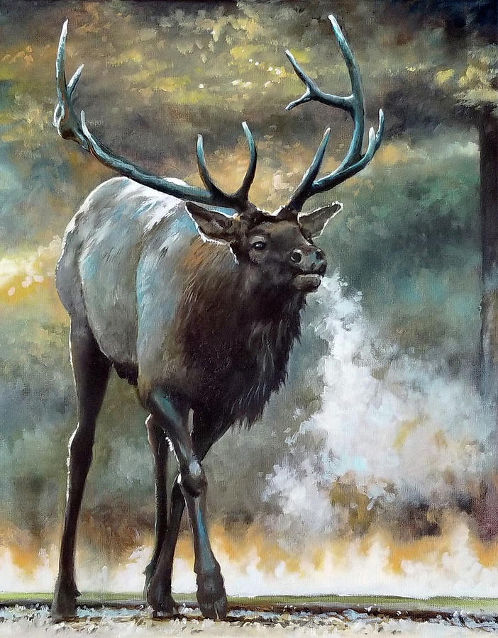 Early Morning Elk Painting by Mike Worthen