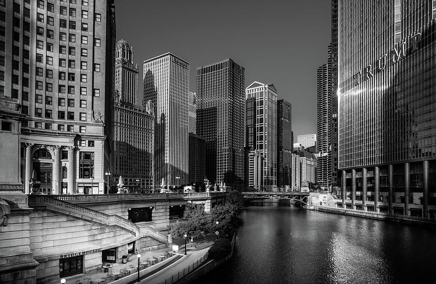 Early Morning On DuSable Bridge In Black and White Photograph by Greg and Chrystal Mimbs