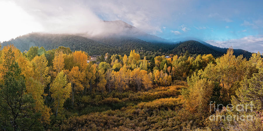 Early Morning Panorama of Changing Aspens and Picacho Peak - Twomile Reservoir - Santa Fe New Mexico Photograph by Silvio Ligutti