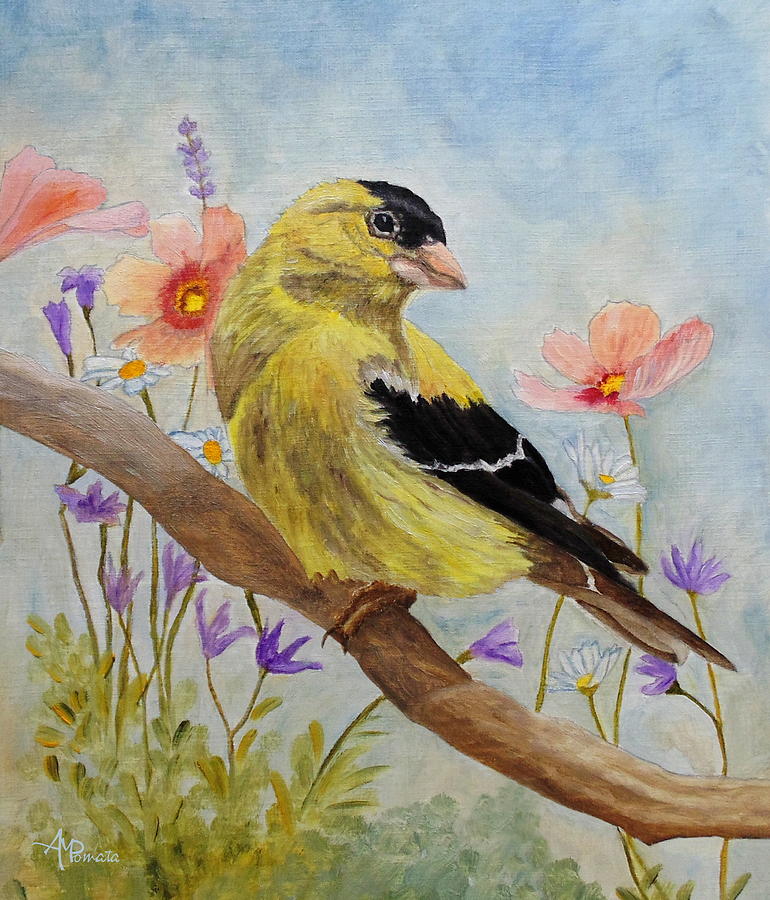 Early Spring American Goldfinch Painting by Angeles M Pomata