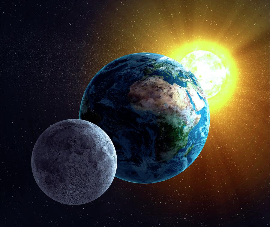 Earth, Moon And Sun, Artwork Digital Art by Science Photo Library - Andrzej Wojcicki