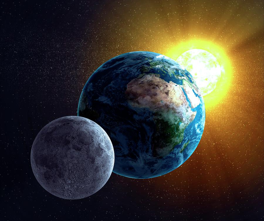 Earth, Moon And Sun, Artwork Digital Art by Science Photo Library