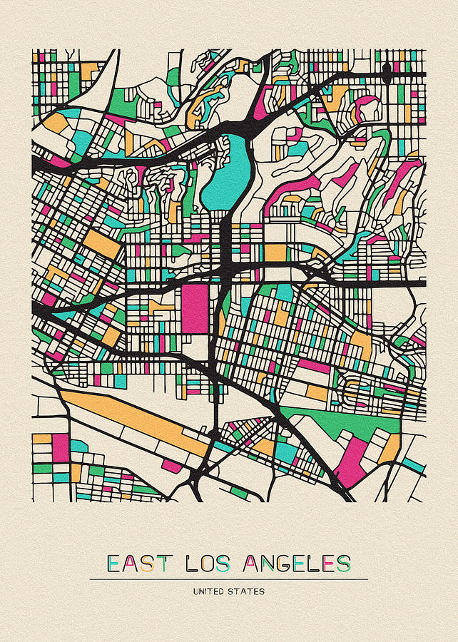 Memento Movie Drawing - East Los Angeles, California City Map by Inspirowl Design